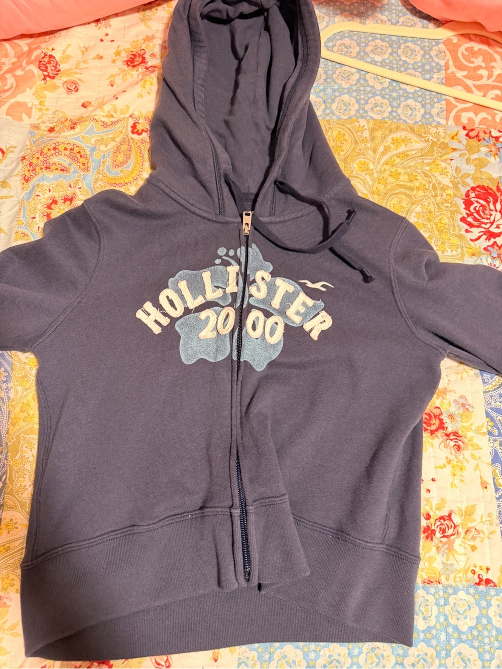 Hollister Navy Blue hibiscus flower cropped Zip-Up Hoodie